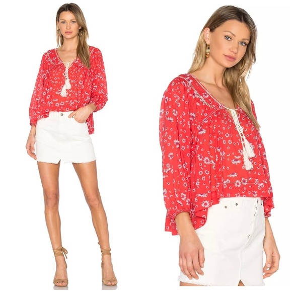 FREE PEOPLE Never A Dull Moment Floral Boho Peasant Oversized Cotton Blouse Sz S - Picture 3 of 12